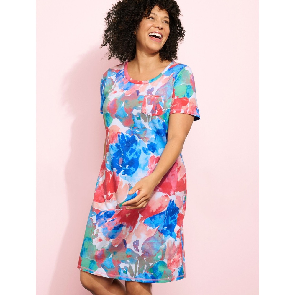 Talbots French Terry TShirt Dress L/XL Painted Flowers Short Sleeve Knee Length